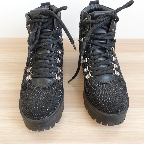 Steve Madden Shoes Leather 6 Boots Black Combat Chunky Lug Sole Studded Buzzer - Picture 7 of 16